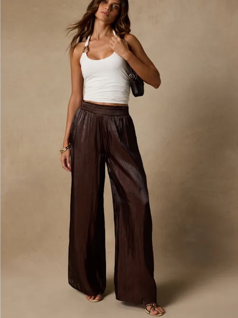 Cynthia Dark Brown Satin Wide-Leg Pants